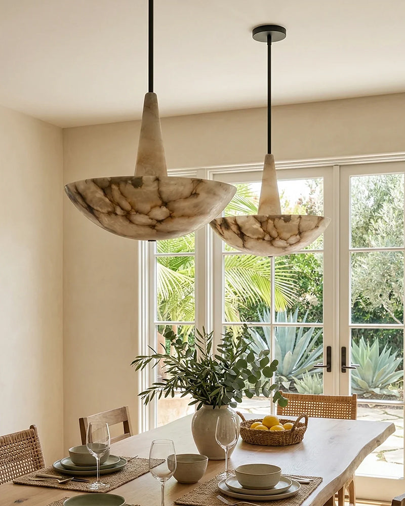 Alabaster Conical Tulip Collar Bowl Pendant Light - Natural Spanish Alabaster Bowl - Kitchens, Dining & Living Rooms