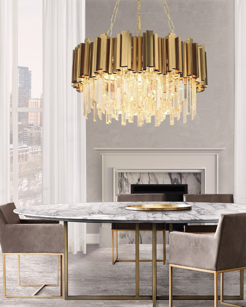 8/12/18/27-light Drum Round Crystal Chandelier dimming with Chrome/Gold Stainless housing