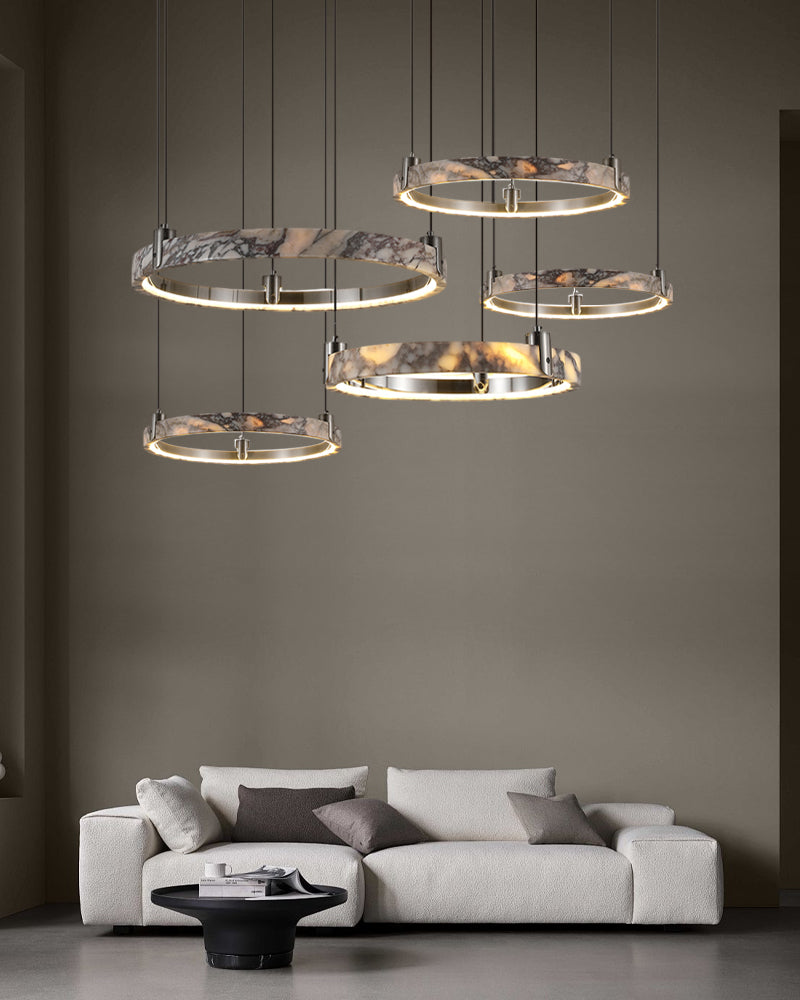 Luxury LED Double/Triple Ring Circle Marble Chandelier Aged Brass/Black Frame American chandelier