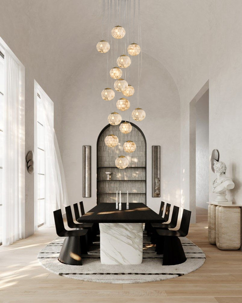 Alabaster Cascading Shell Globe Multi Ball Pendant Light - Natural Spanish Alabaster Spheres, Lux Gold Trim - Kitchens, Dining & Living Rooms