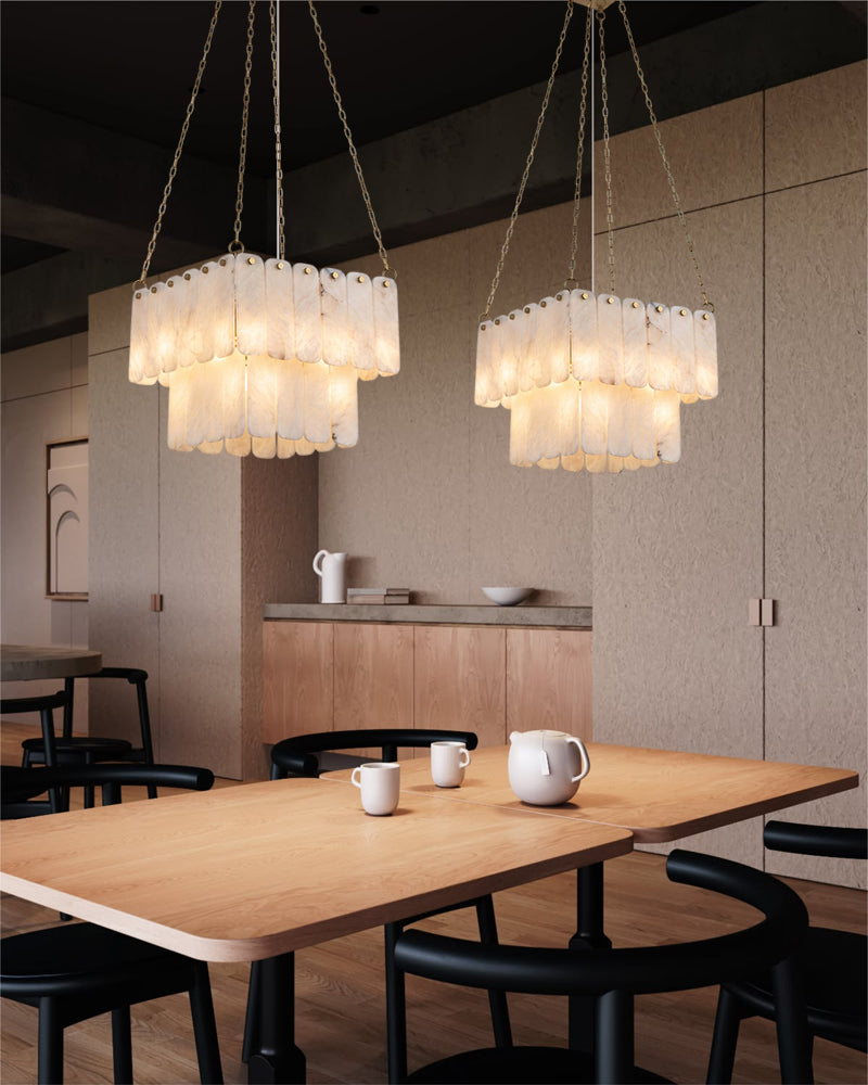 LightsStory Alabaster Square Multi-Tiered Pendant Light, natural stone alabaster with metallic and matte finish - For Kitchen & Dining Rooms