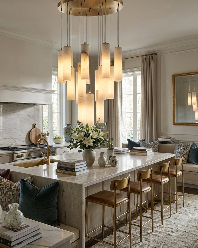 Alabaster Cylinder Rod Cluster Pendant Light - Natural Spanish Alabaster Rods, Serene Black Trim - Kitchens, Dining & Living Rooms