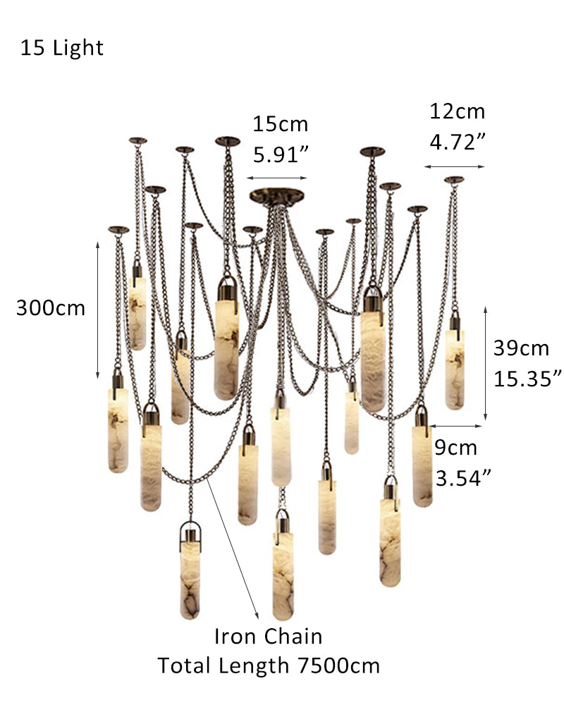 Dimensions of 9-light brass LED cluster pendant lamp with adjustable iron chain details.