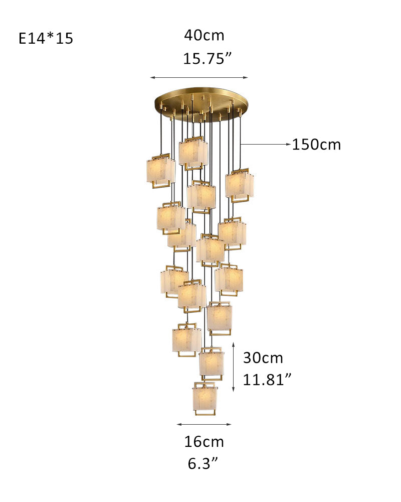 Dimensions of 24-light cluster pendant lamp: 150cm height, 40cm width, copper frame.