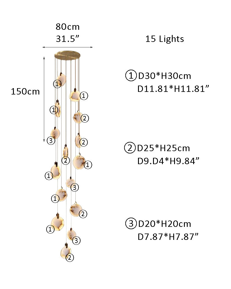 Postmodern LED chandelier specifications with dimensions for staircases and living rooms.