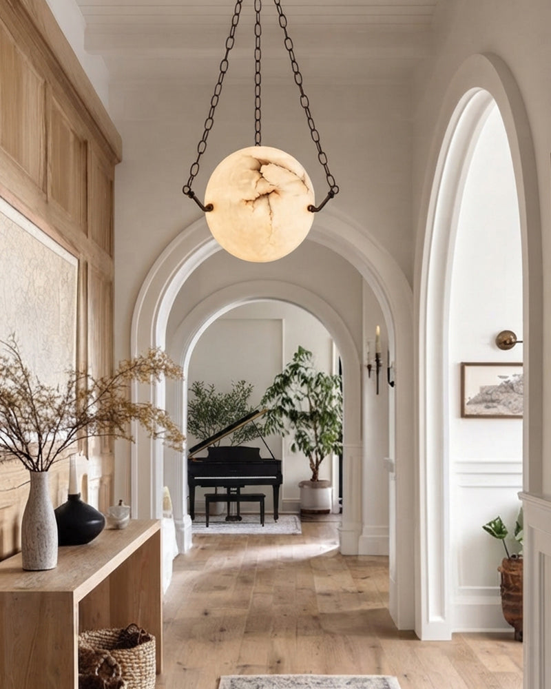 Alabaster Moon Globe Suspended Sphere Pendant Light - Natural Spanish Alabaster, Heritage Brass Trim - Kitchens, Dining & Living Rooms