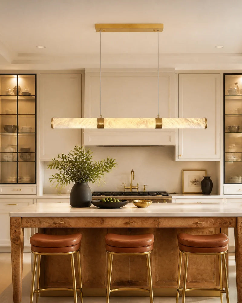 Alabaster Seamless Tube Linear Pendant Light - Natural Spanish Alabaster, Serene Black Trim - Kitchen Islands & Dining Rooms