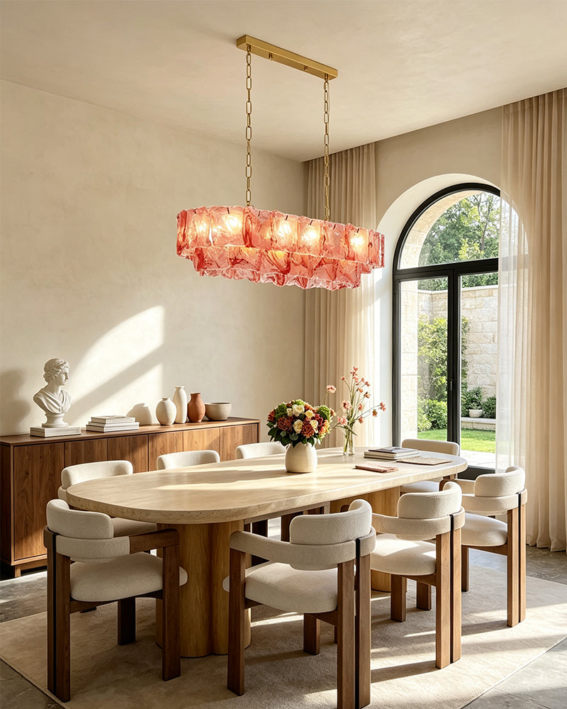 Chiara Murano Glass Contemporary Blush Pink Panel Linear Chandelier - Lux Gold Trim - Kitchen Islands & Dining Rooms