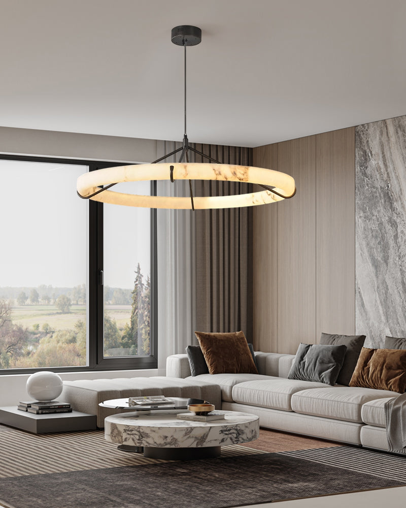 40W Modern Ring Alabaster Pendant Light hanging on black metal pole decor for living room