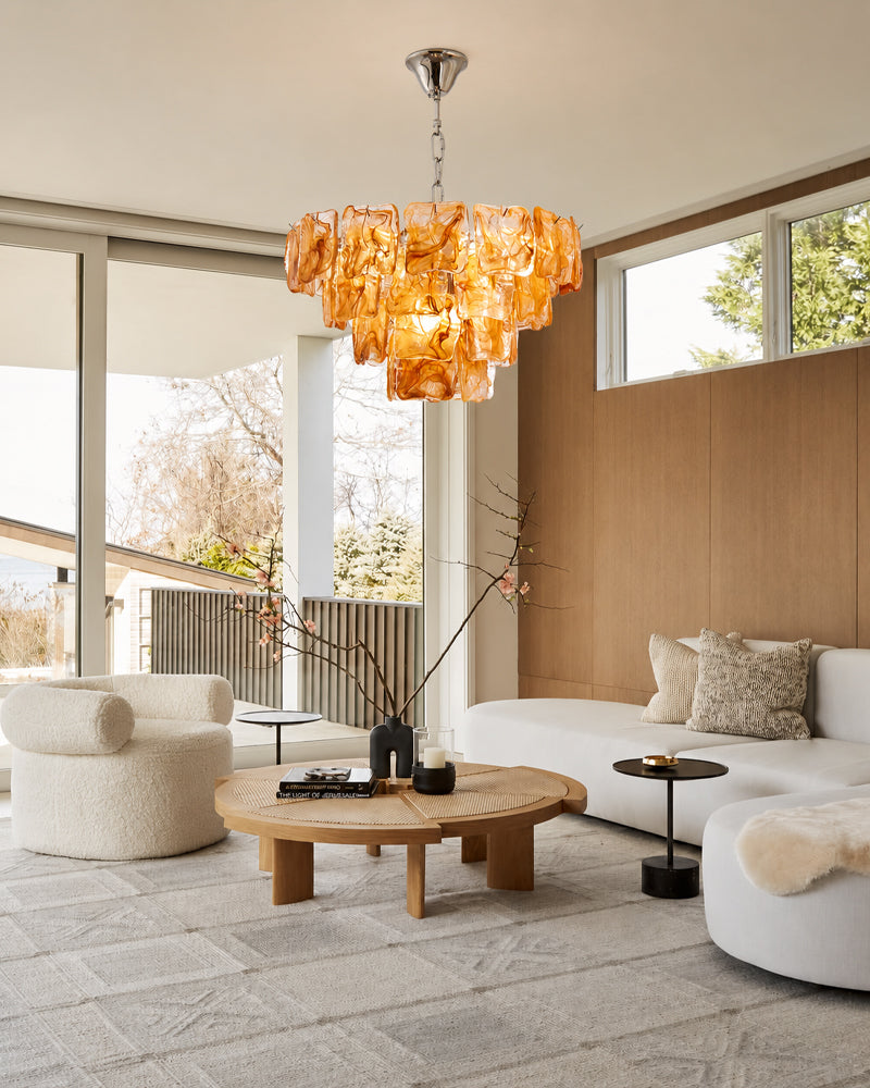 Murano Glass Amber Glow Circular Prism Multi Tiered Waterfall Chandelier - Handblown Glass, Brass Trim - Living Rooms, Dining Rooms & Bedrooms
