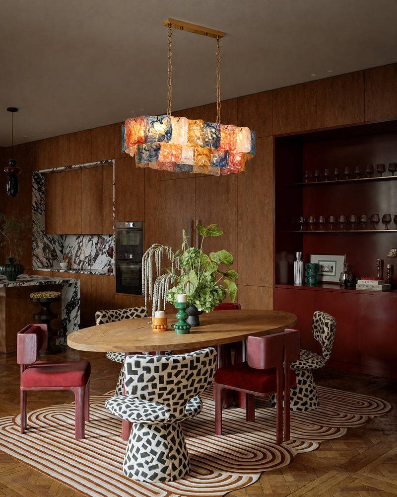 Chiara Murano Glass Contemporary Tri Tone Linear Chandelier - Lux Gold Trim - Kitchen Islands & Dining Rooms