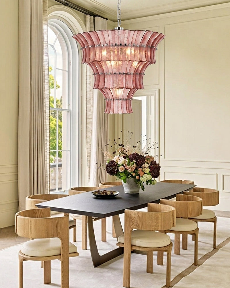 Ghiaccio Glass Blush Pink Prism Multi Tiered Waterfall Chandelier - Heritage Brass Trim - Living Room & Dining Room