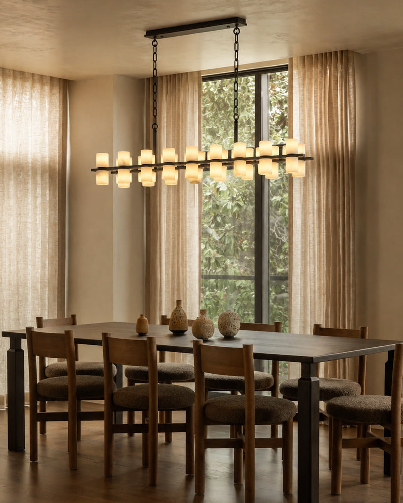 Alabaster Dual Cylinder Candle Column Linear Chandelier - Natural Spanish Alabaster, Heritage Brass Trim - Kitchen Islands & Dining Rooms