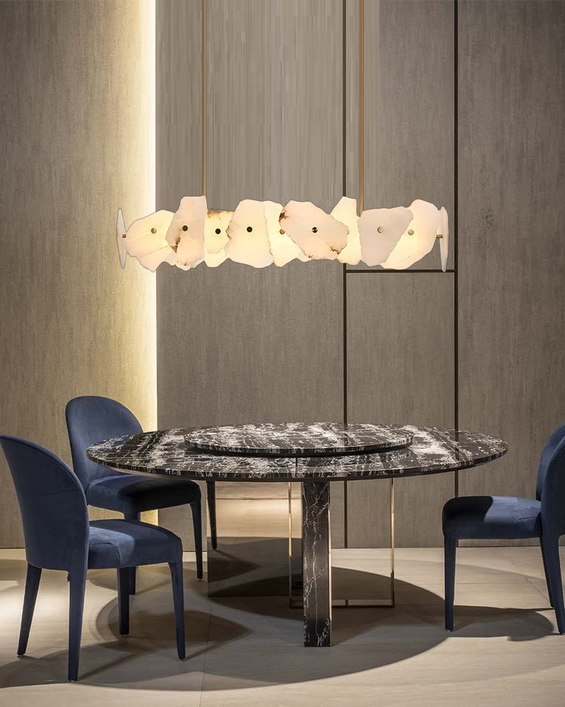Alabaster Organic Geometric Cloud Linear Chandelier  - Natural Spanish Alabaster, Lux Gold Trim - Kitchen Islands & Dining Rooms