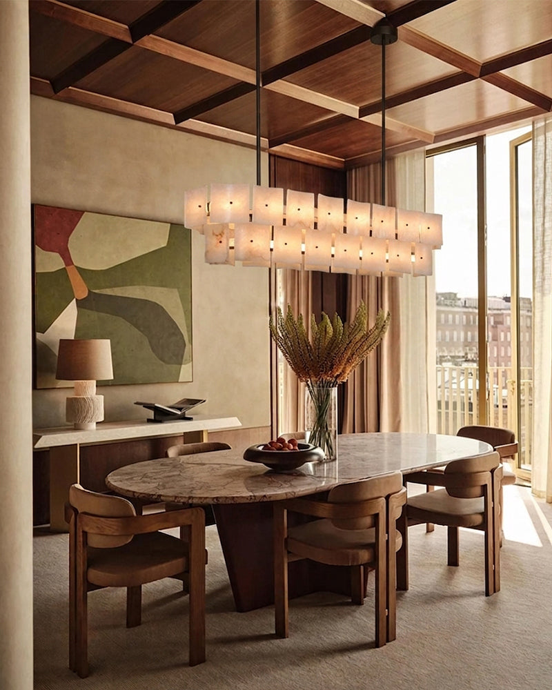 Alabaster Studded Curved Panel Double Tier Oval Chandelier - Natural Spanish Alabaster,  Serene Black Trim - Kitchen, Dining Rooms & Living Rooms