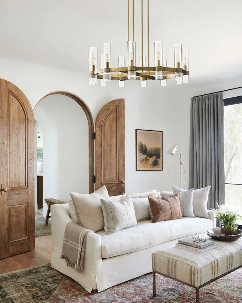 Ravelle Series Geometric Chandelier | Linear Premium hand-blown glass and solid brass construction, Lacquered black brass finish for Dining Rooms and Kitchen Islands American chandelier