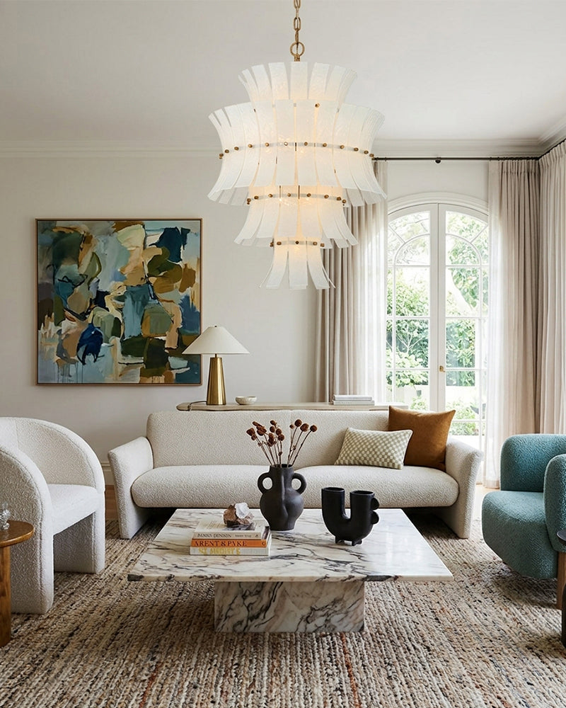 Ghiaccio Glass Ethereal White Multi Tiered Waterfall Chandelier - Heritage Brass Trim - Living Room & Dining Room