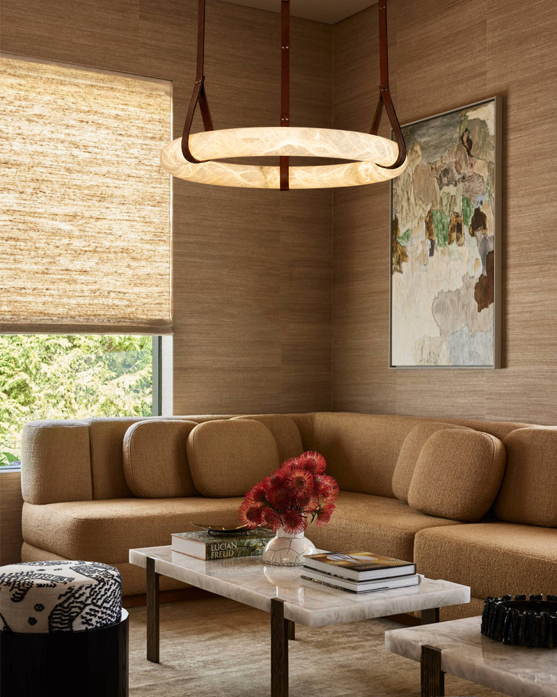 Alabaster Torus Halo Ring Leather Strap Canopy Pendant Light - Natural Spanish Alabaster, Organic Leather Trim - Kitchens, Dining & Living Rooms