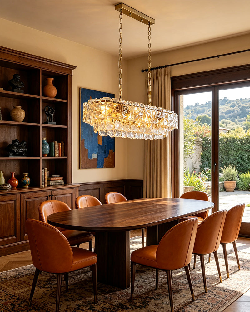 Chiara Murano Glass Contemporary Ghiaccio Panel Linear Chandelier - Lux Gold Trim - Kitchen Islands & Dining Rooms