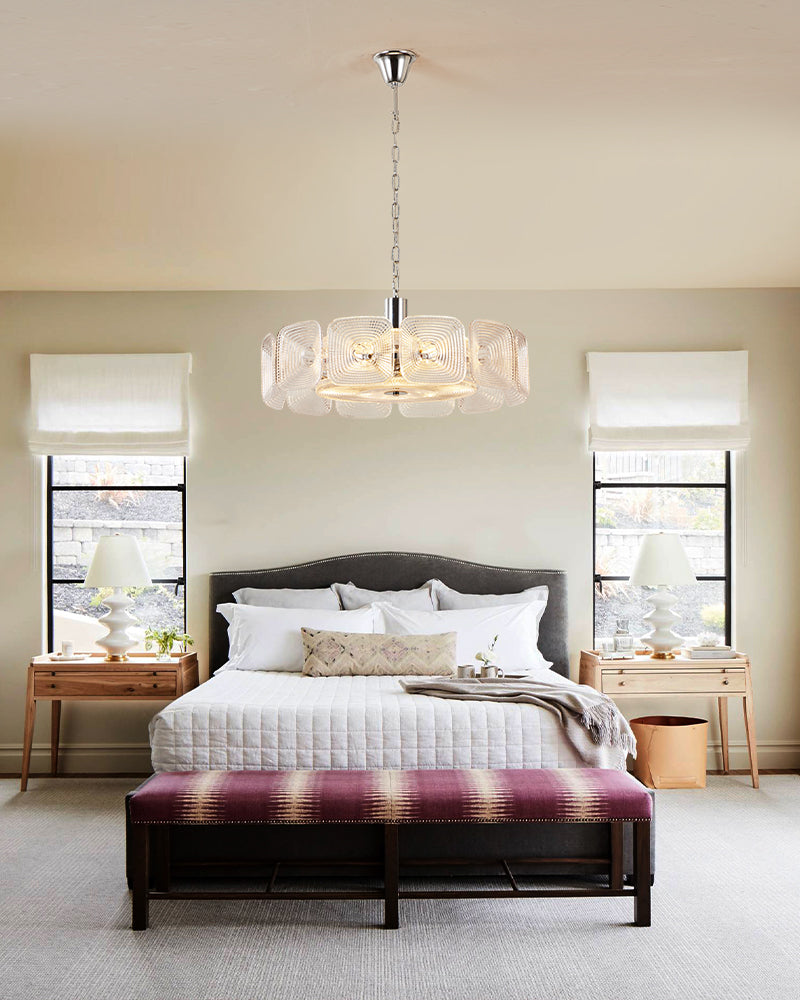 Emerald Clear Ghiaccio Glass Halo Ring Chandelier - Emerald Glass, Lux Brass Trim - Living Rooms, Bedrooms, Dining Rooms