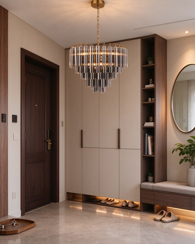 Smoked Fluted Glass Multi Tiered Prism Chandelier - Concentric Glass Tiers, Lux Brass Trim - Living Rooms, Bedrooms, Dining Rooms