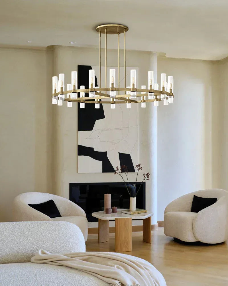 Ravelle Series Geometric Chandelier | Linear Premium hand-blown glass and solid brass construction, Lacquered black brass finish for Dining Rooms and Kitchen Islands American chandelier