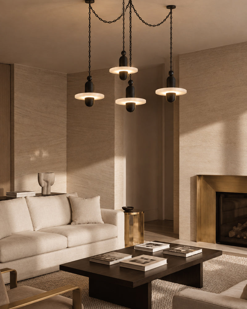 Alabaster Dual Tier Stacked Halo Disc Cluster Pendant Light - Natural Spanish Alabaster, Serene Black Trim - Kitchen Islands & Dining Rooms