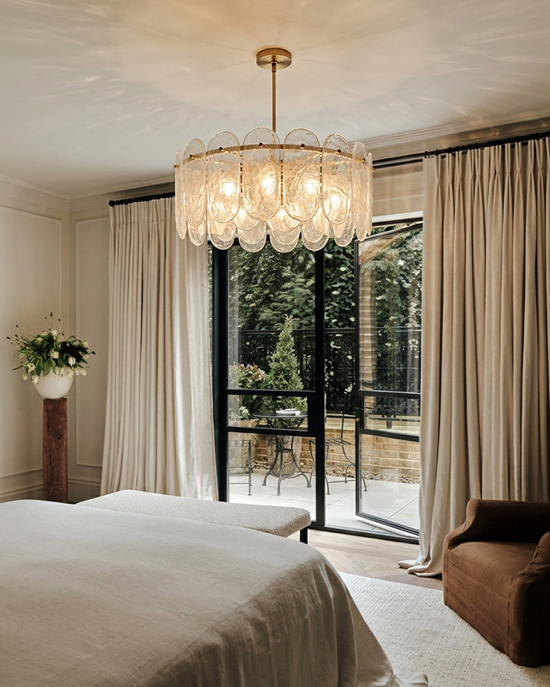 Etienne Glass Petal and Gold Trim Drum Pendant Light - Lux Gold Trim Downrod - Dining Rooms & Living Rooms