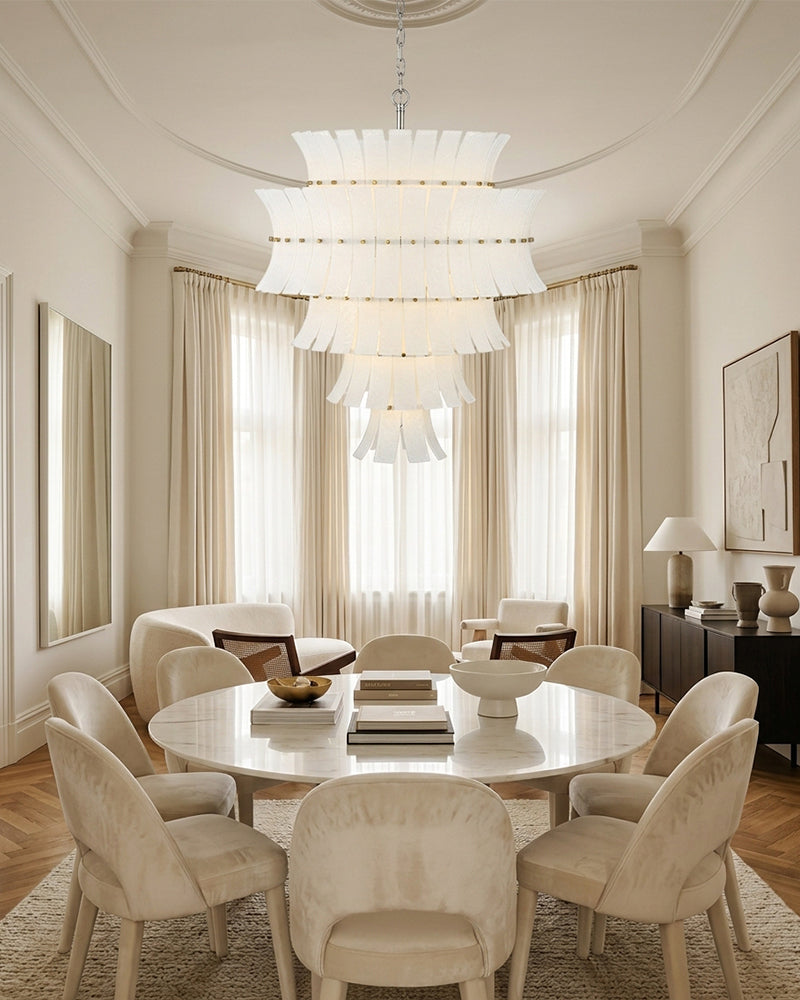 Ghiaccio Glass Ethereal White Multi Tiered Waterfall Chandelier - Heritage Brass Trim - Living Room & Dining Room
