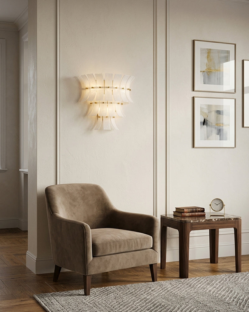 Ghiaccio Glass Ethereal White Multi Tiered Waterfall Wall Light Sconce - Lux Gold Trim - Bedrooms, Hallways & Bathrooms
