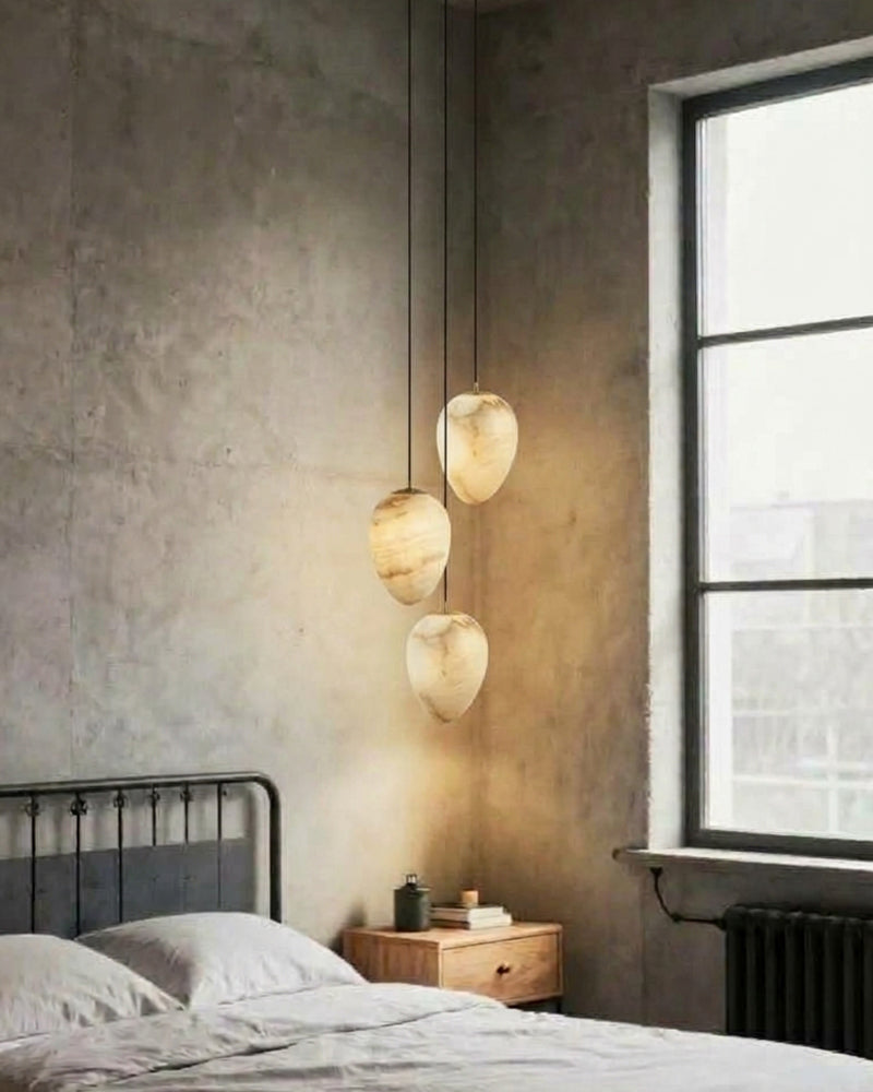 Alabaster Organic Pebble Shell Cluster Pendant Light - Natural Spanish Alabaster Orbs, Serene Black Trim - Kitchens, Dining & Living Rooms