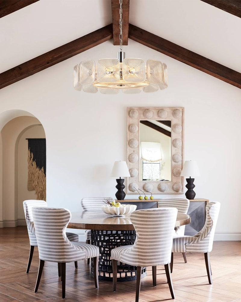 Emerald Clear Ghiaccio Glass Halo Ring Chandelier - Emerald Glass, Lux Brass Trim - Living Rooms, Bedrooms, Dining Rooms