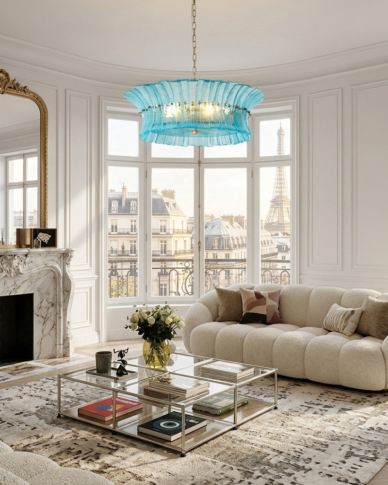 Ghiaccio Glass Atlantic Blue Prism Multi Tiered Waterfall Chandelier - Heritage Brass Trim - Living Room & Dining Room