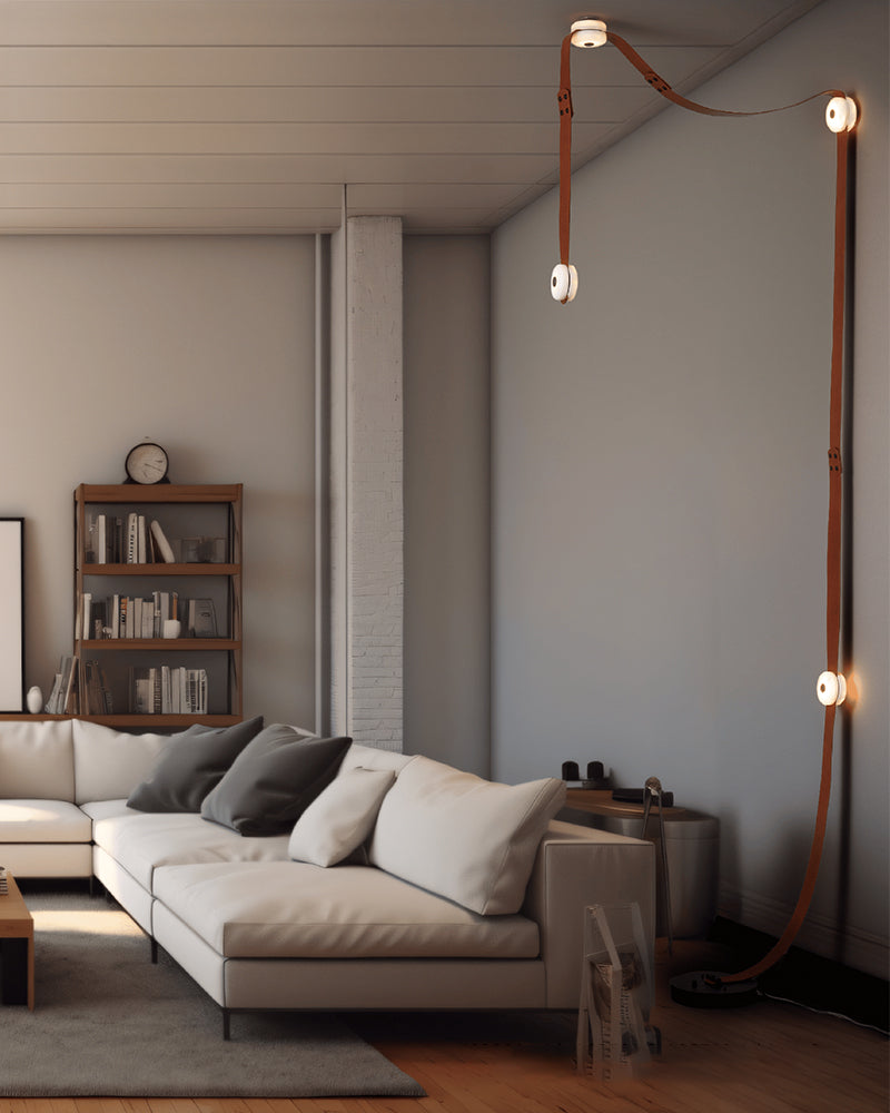 SNAPS Floor-to-Ceiling Plug-in LED Lamp with Leather straps in Brown/Black/White Finish