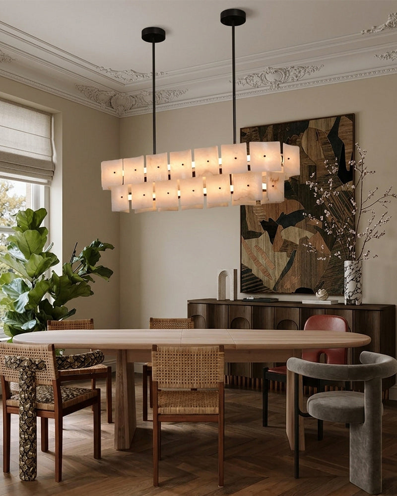 Alabaster Studded Curved Panel Double Tier Oval Chandelier - Natural Spanish Alabaster,  Serene Black Trim - Kitchen, Dining Rooms & Living Rooms