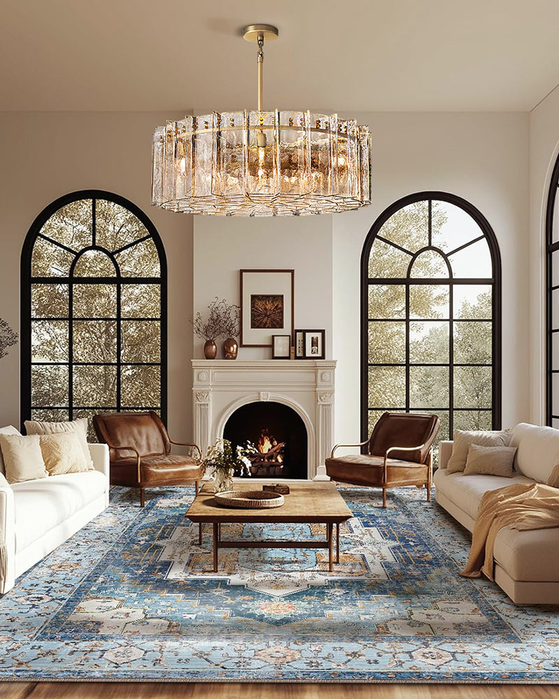 Gordes Ice Glass Fluted Tile Round Halo Drum Chandelier - Smoky Glass, Lux Gold Trim - Living Rooms, Bedrooms, Dining Rooms
