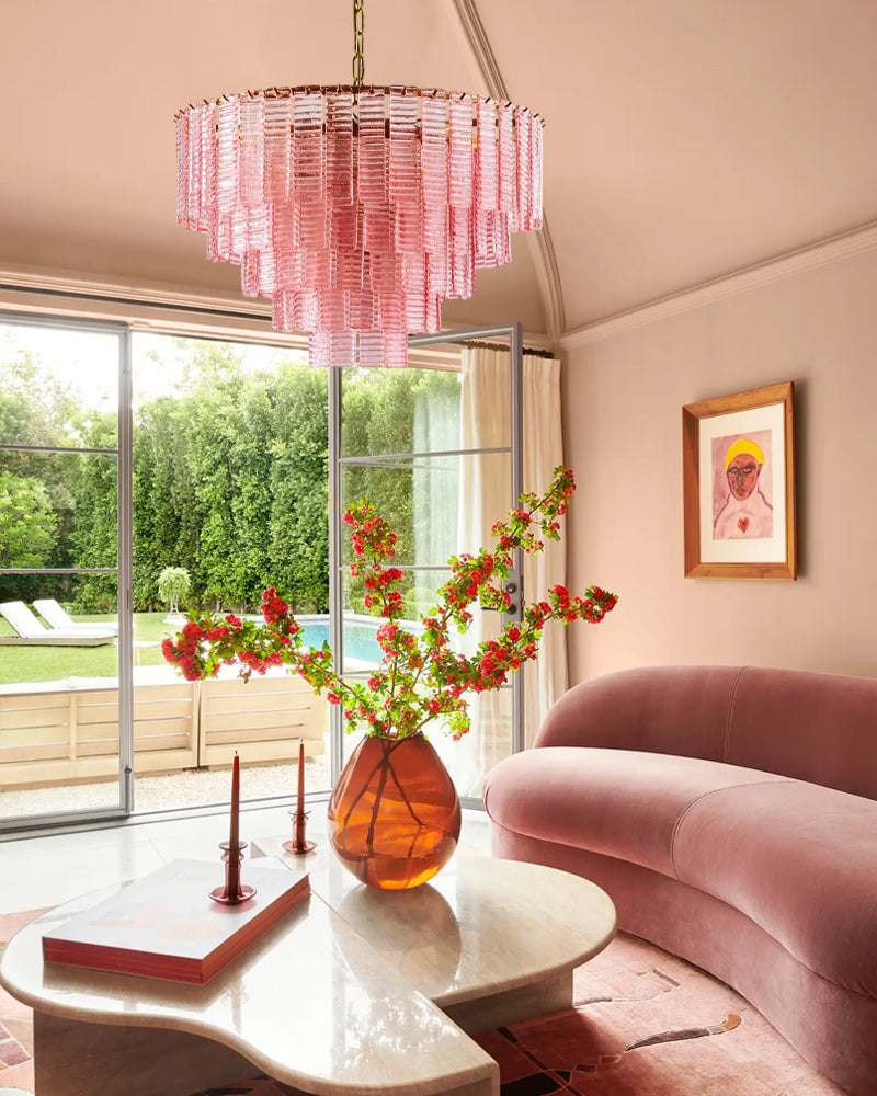 Cassis Fluted Blush Pink Multi Tiered Waterfall Chandelier - Textured Glass, Lux Brass Trim - Dining Rooms, Living Rooms & Bedrooms