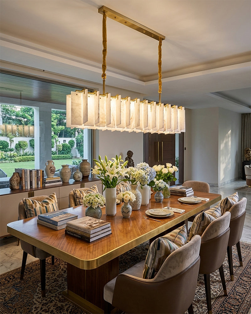 Alabaster Fluted Panel Linear Canopy Chandelier - Natural Spanish Alabaster, Heritage Brass Trim - Kitchen Islands & Dining Rooms