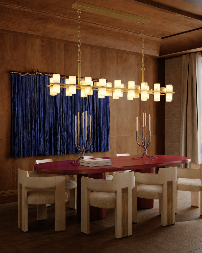 Alabaster Dual Cylinder Candle Column Linear Chandelier - Natural Spanish Alabaster, Heritage Brass Trim - Kitchen Islands & Dining Rooms