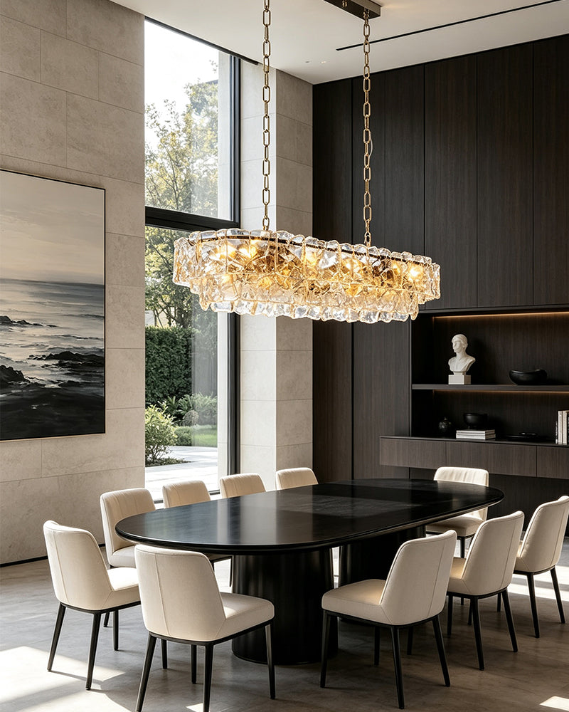 Chiara Murano Glass Contemporary Ghiaccio Panel Linear Chandelier - Lux Gold Trim - Kitchen Islands & Dining Rooms