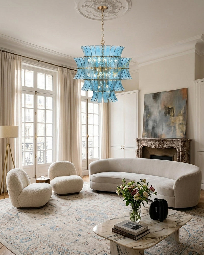Ghiaccio Glass Azure Blue Cascade Multi Tiered Waterfall Chandelier - Heritage Brass Trim - Living Room & Dining Room