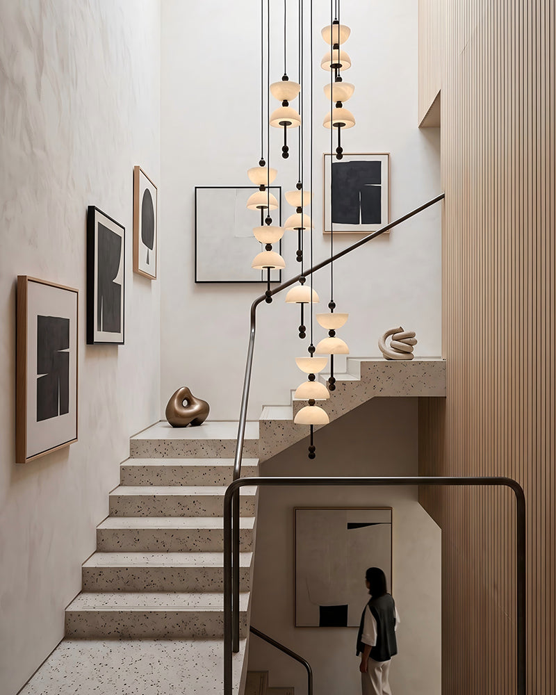 Alabaster Dual Bowl Cluster Pendant Light - Natural Spanish Alabaster Bowls, Serene Black Trim - Kitchens, Dining & Living Rooms