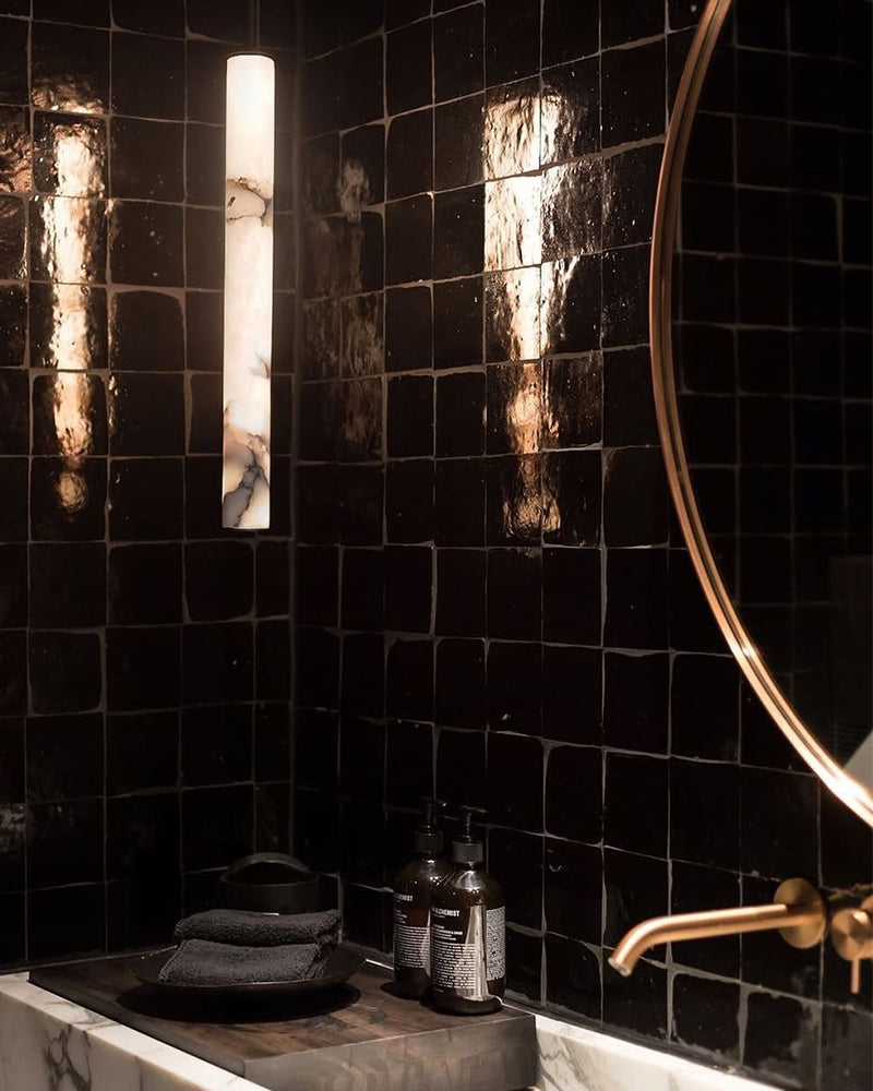 Callisto Linear Strip Long Wall Sconces Brass/Black Metal | Natural Marble Shade