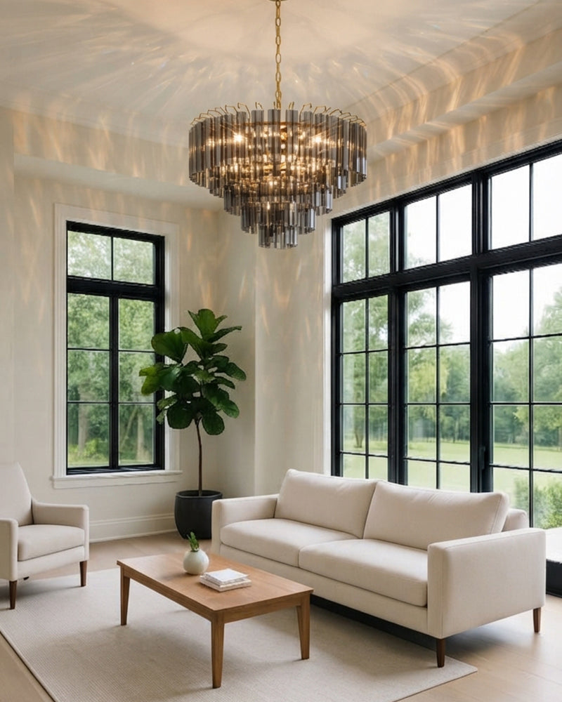 Smoked Fluted Glass Multi Tiered Prism Chandelier - Concentric Glass Tiers, Lux Brass Trim - Living Rooms, Bedrooms, Dining Rooms
