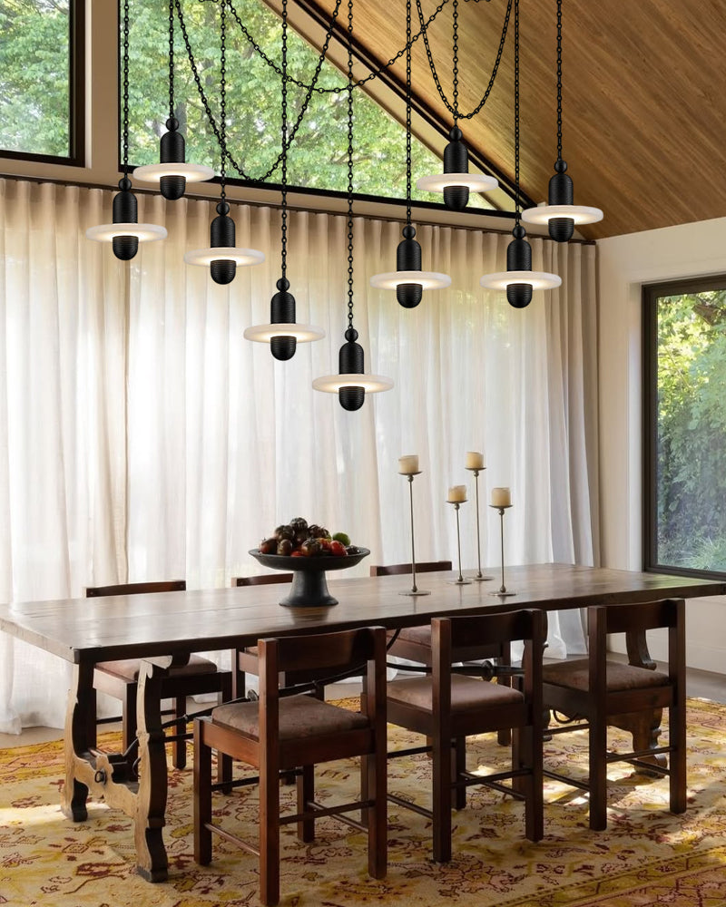 Alabaster Dual Tier Stacked Halo Disc Cluster Pendant Light - Natural Spanish Alabaster, Serene Black Trim - Kitchen Islands & Dining Rooms