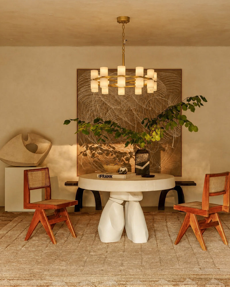 Alabaster Dual Candle Halo Ring Candelabra Chandelier- Natural Spanish Alabaster, Heritage Brass Trim - Living Rooms, Dining Rooms, Lobby, Stairwells
