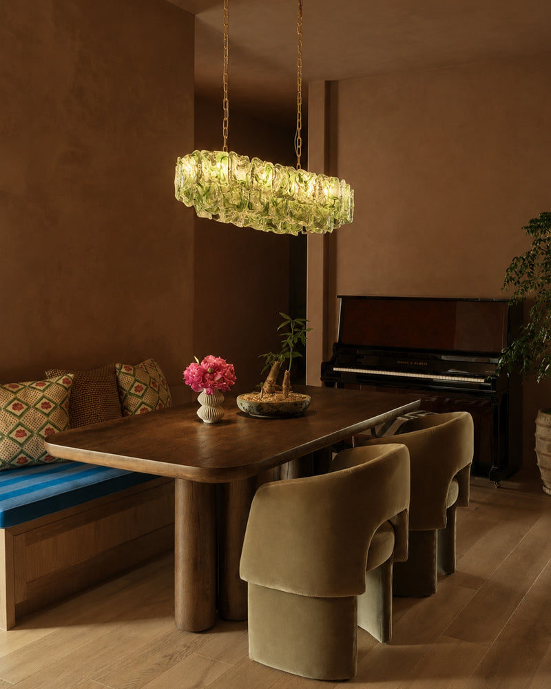 Chiara Murano Glass Contemporary Citrus Green Panel Linear Chandelier - Lux Gold Trim - Kitchen Islands & Dining Rooms