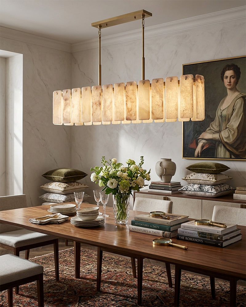 Winchester Alabaster Tile Linear Oval Canopy Chandelier - Natural Spanish Alabaster, Lux Gold Trim - Kitchen Islands & Dining Rooms