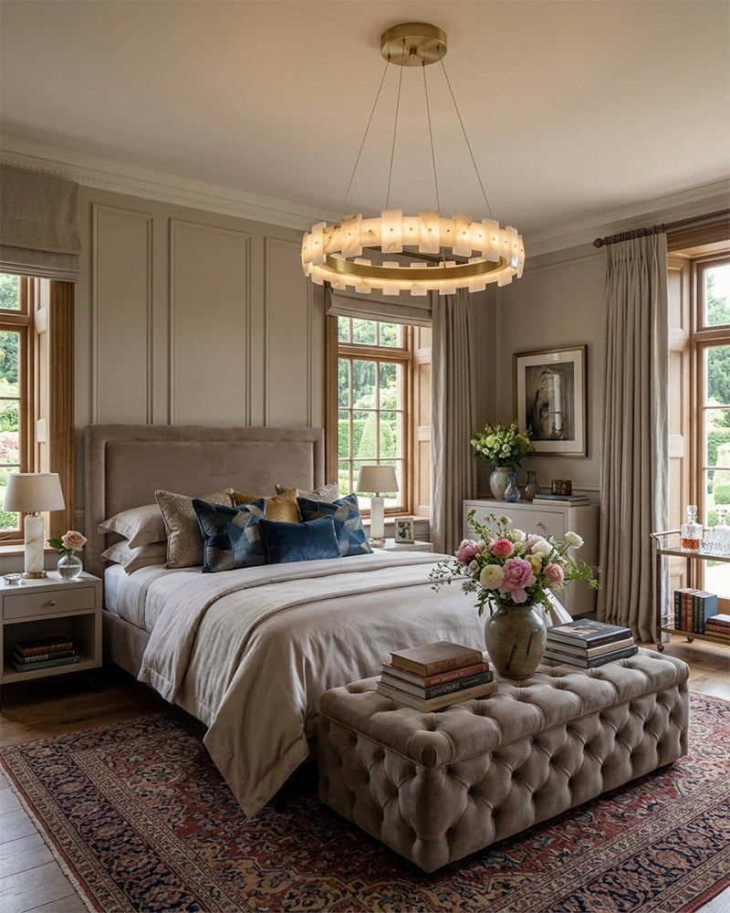 Round Alabaster Chandelier - Natural Spanish Alabaster, Heritage Brass Trim - Luxury Home Interior Lighting