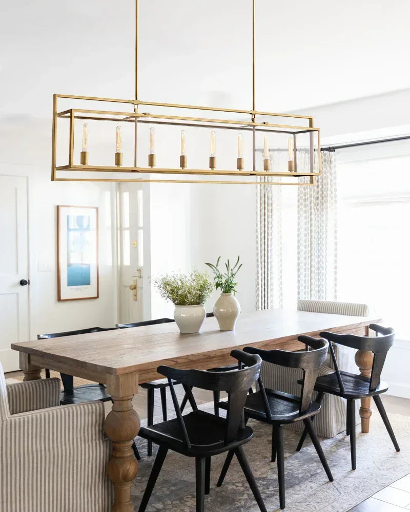 Rockport Series Geometric Chandelier | Rectangular Lantern Tempered glass and sleek metal frame, Brushed brass and black steel for Grand entryways and dining rooms American Vintage chandelier lamp